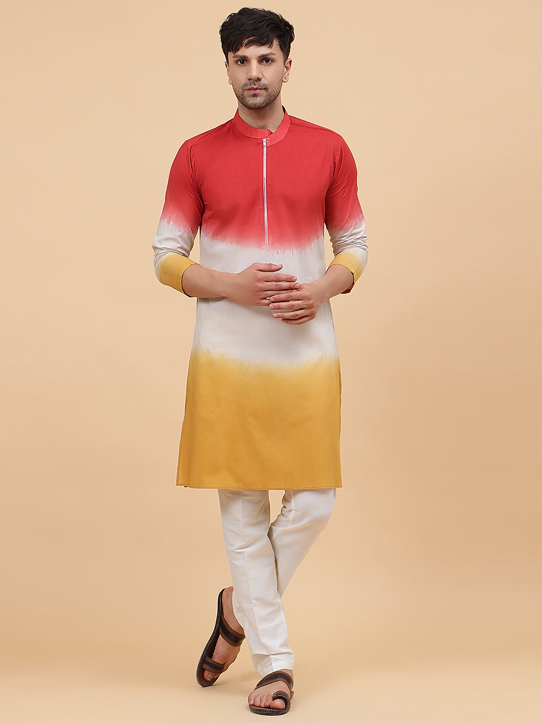 Men Orange White And Mustard Ombre Dyed Pure Cotton Kurta With White pyjama