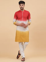Men Orange White And Mustard Ombre Dyed Pure Cotton Kurta With White pyjama