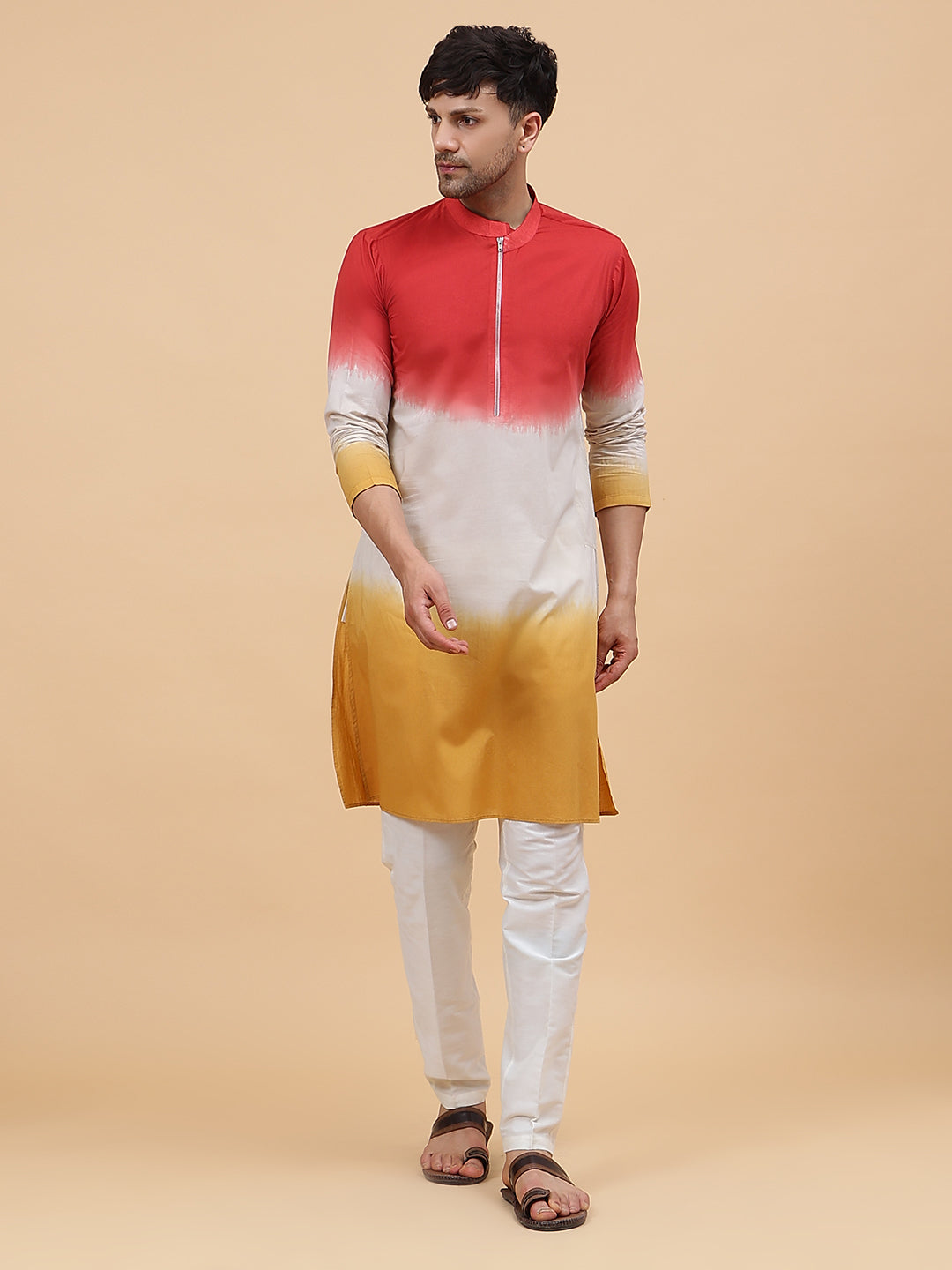 Men Orange White And Mustard Ombre Dyed Pure Cotton Kurta With White pyjama