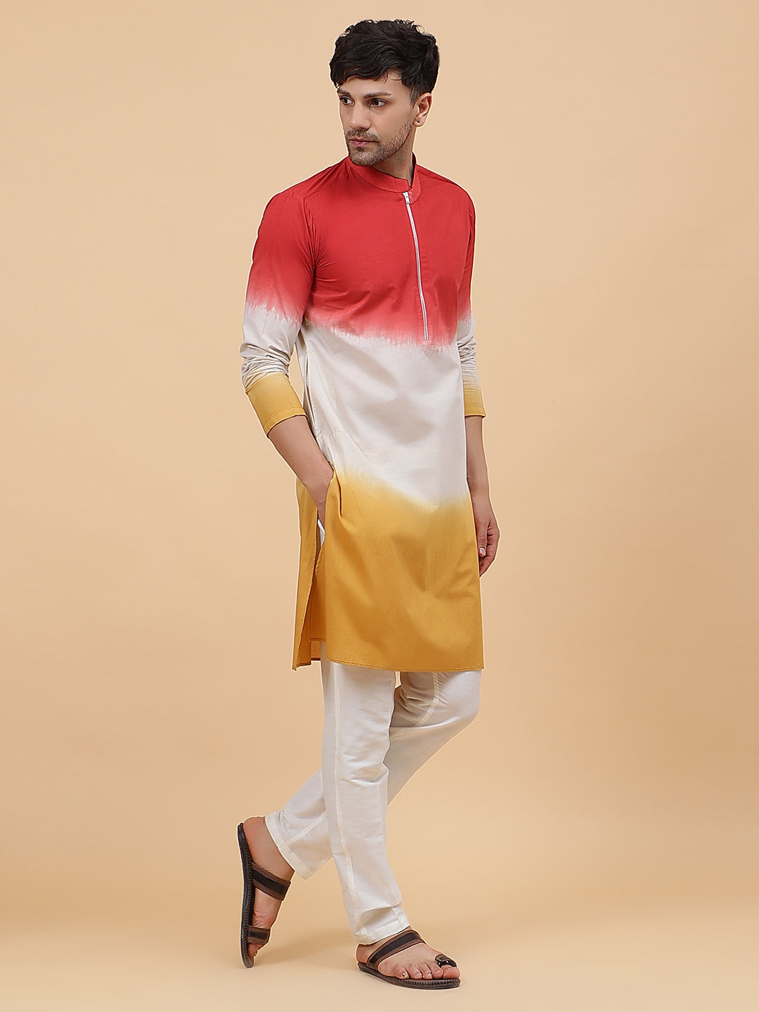 Men Orange White And Mustard Ombre Dyed Pure Cotton Kurta