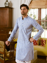 Men Sky Blue And White Cotton Leaf Print Straight Kurta With Pyjama