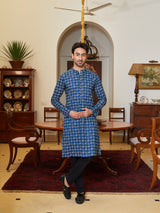 Men Navy Blue And White Cotton Leaf Print Straight Kurta With Pyjama
