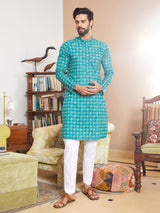 Men Sea Green And White Cotton Leaf Print Straight Kurta With Pyjama