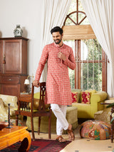 Men Pink And White Cotton Leaf Print Straight Kurta With Pyjama