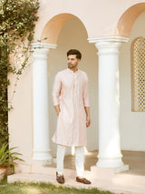 Men Pink And Gold Chanderi Silk Sequins Kurta With Pyjama