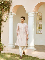Men Pink And Gold Chanderi Silk Sequins Kurta With Pyjama