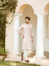 Men Pink And Gold Chanderi Silk Sequins Kurta With Pyjama
