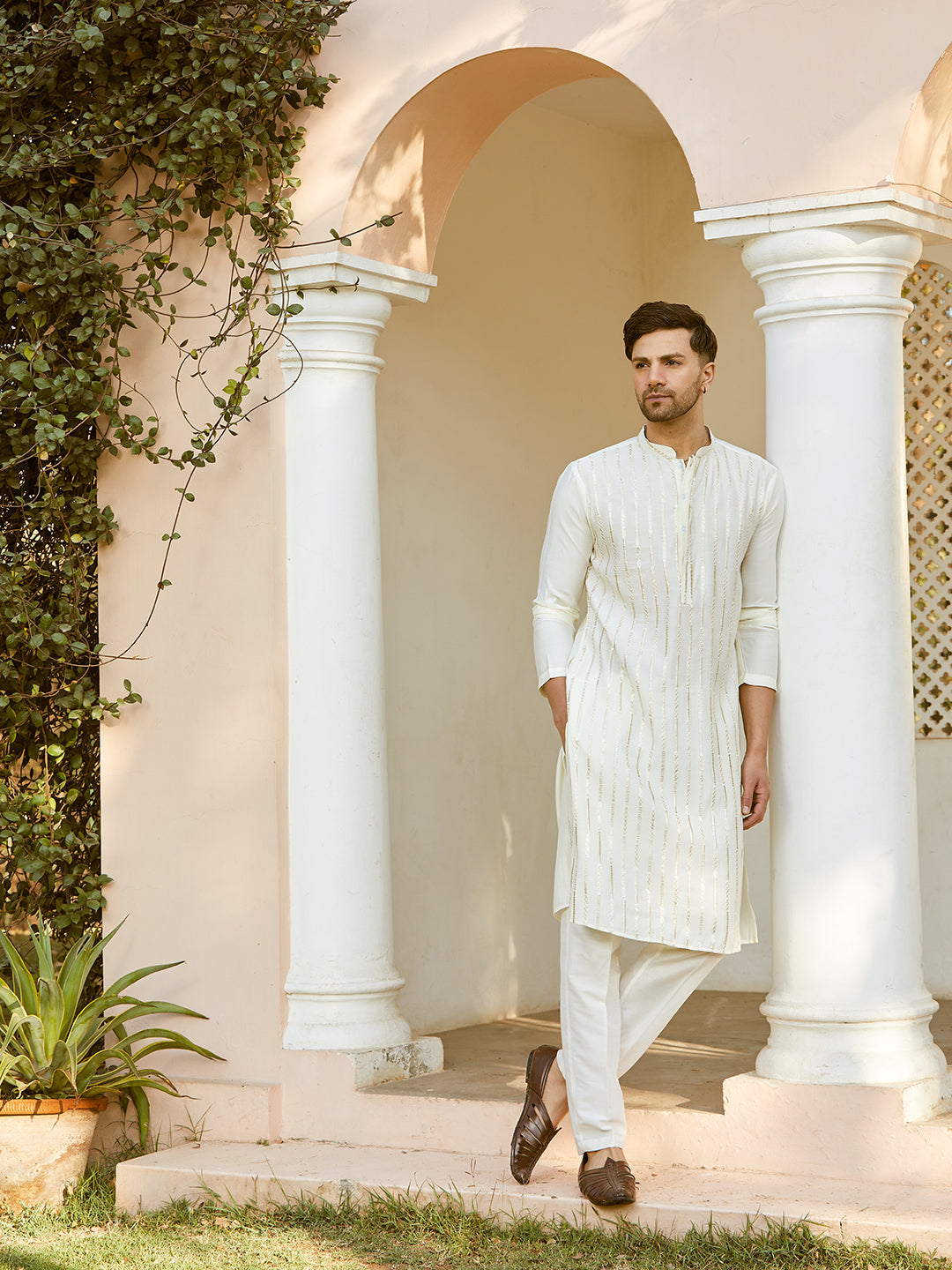 Men Off White And Gold Chanderi Silk Sequins Kurta With Pyjama
