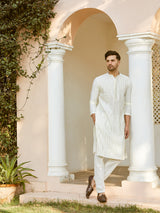 Men Off White And Gold Chanderi Silk Sequins Kurta With Pyjama