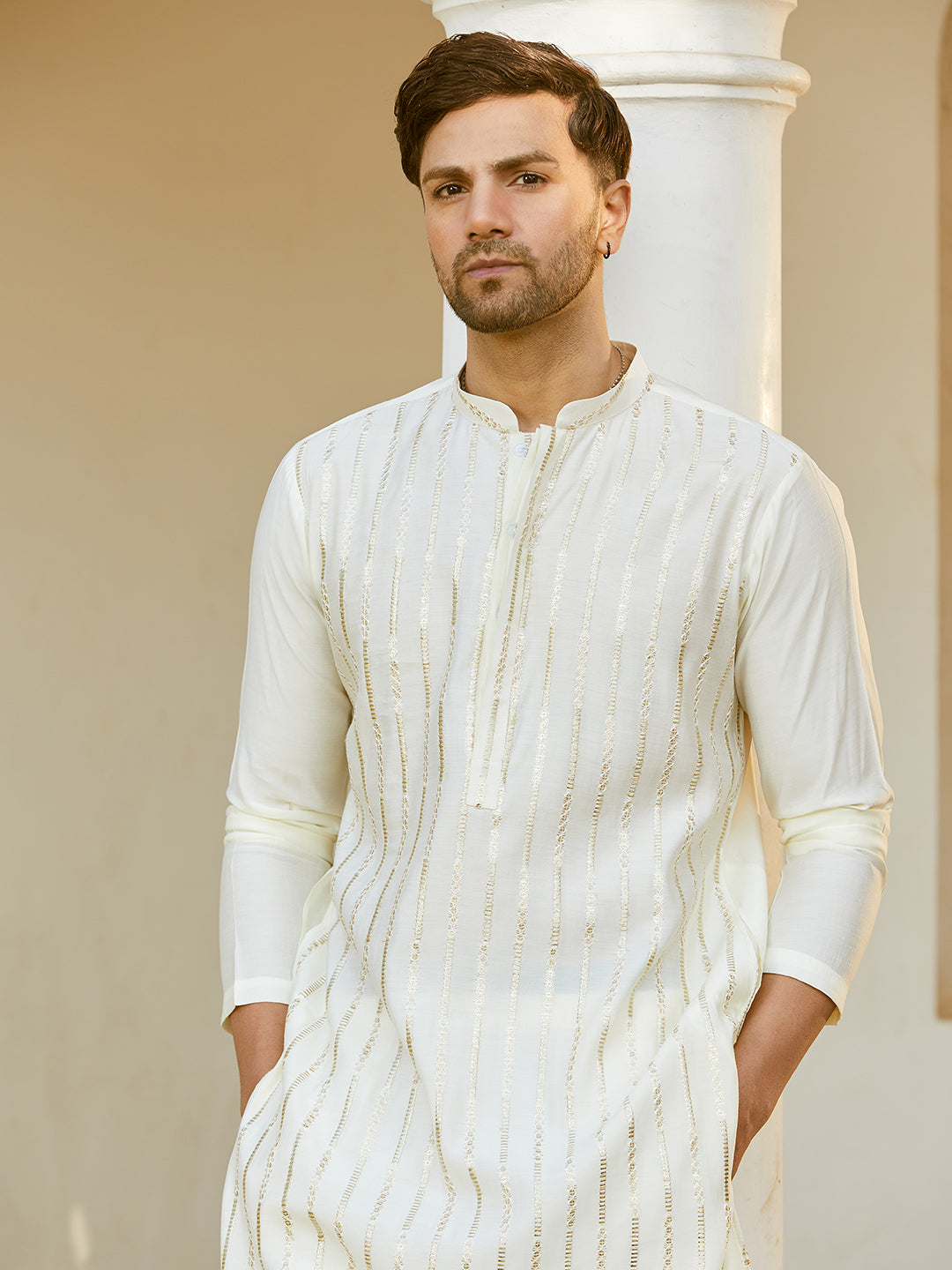 Men Off White And Gold Chanderi Silk Sequins Kurta With Pyjama