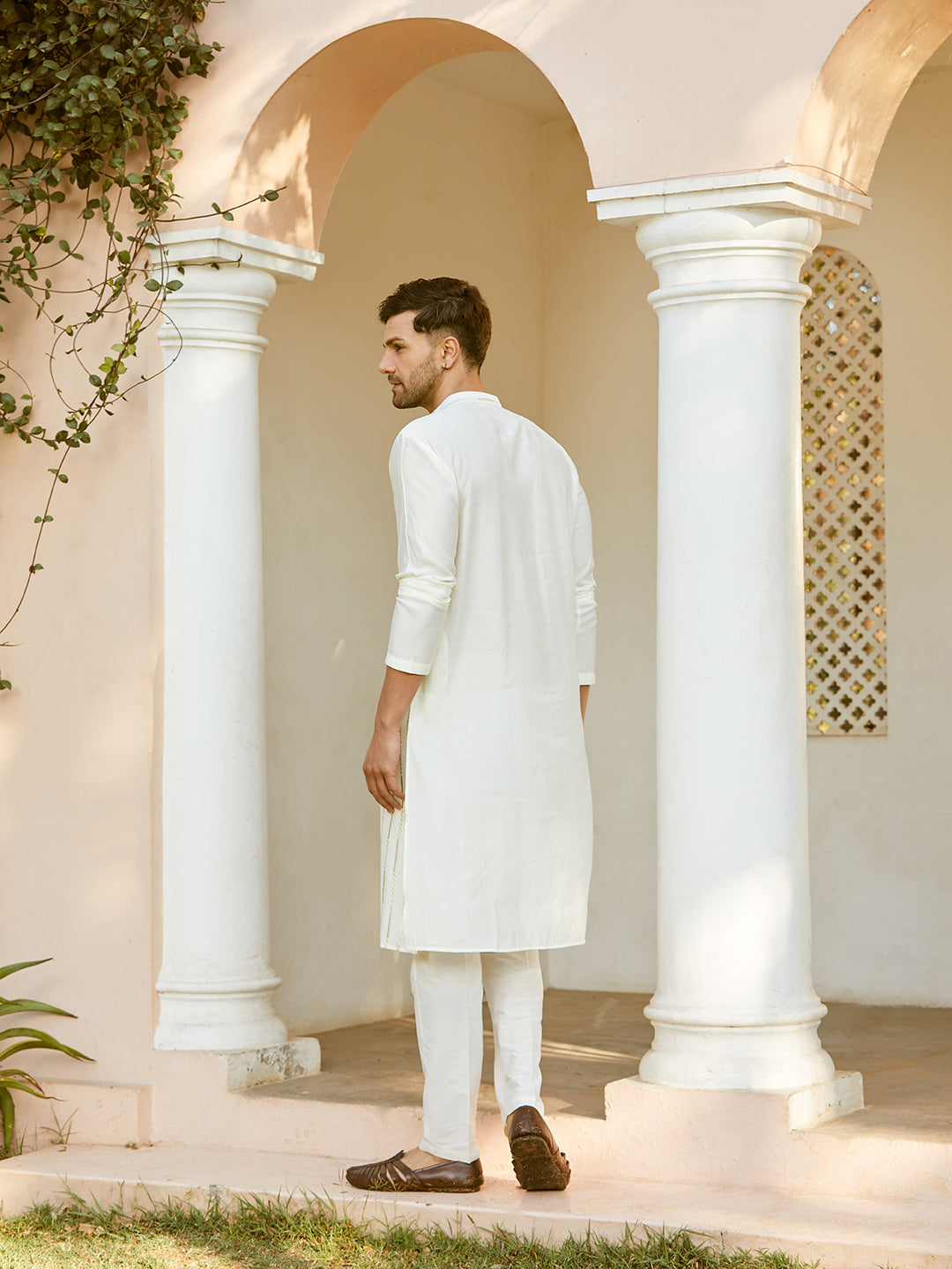 Men Off White And Gold Chanderi Silk Sequins Kurta With Pyjama