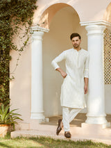 Men Off White And Gold Chanderi Silk Sequins Kurta With Pyjama