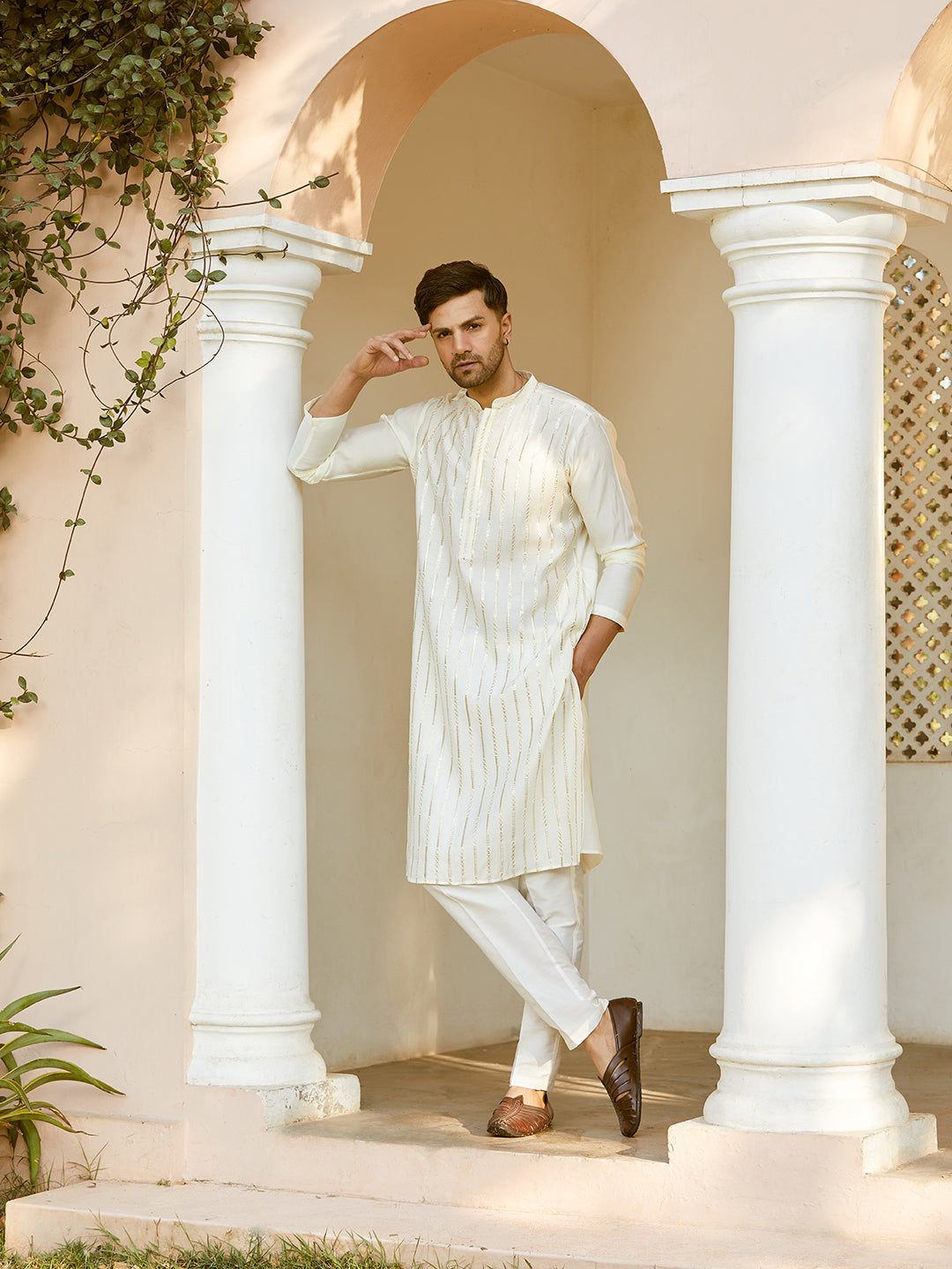 Men Off White And Gold Chanderi Silk Sequins Kurta With Pyjama