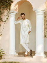 Men Off White And Gold Chanderi Silk Sequins Kurta With Pyjama