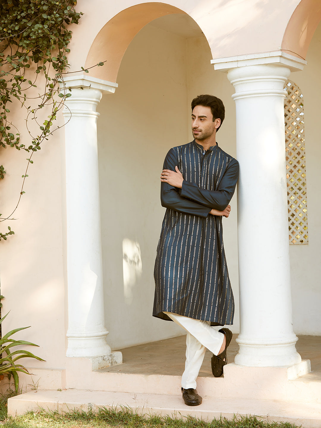 Men Teal And Gold Chanderi Silk Sequins Kurta