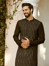Men Black And Gold Chanderi Silk Sequins Kurta With Pyjama