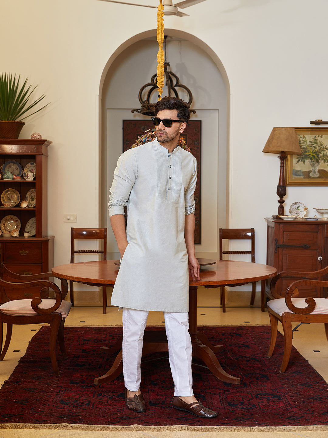 Men Grey Cotton Silk Pintex Yock Design Kurta With Pyjama