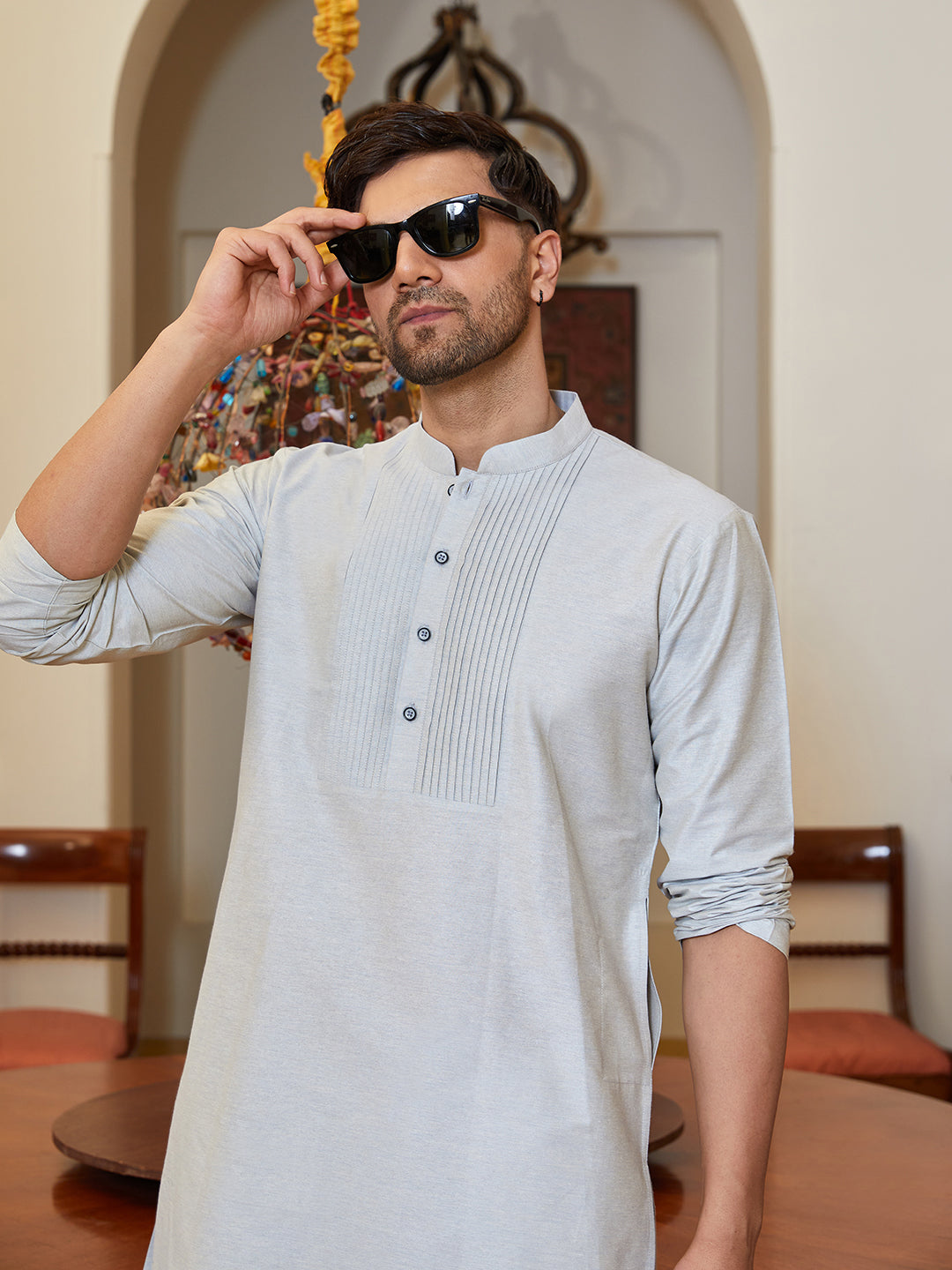 Men Grey Cotton Silk Pintex Yock Design Kurta With Pyjama