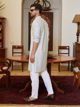 Men Grey Cotton Silk Pintex Yock Design Kurta With Pyjama
