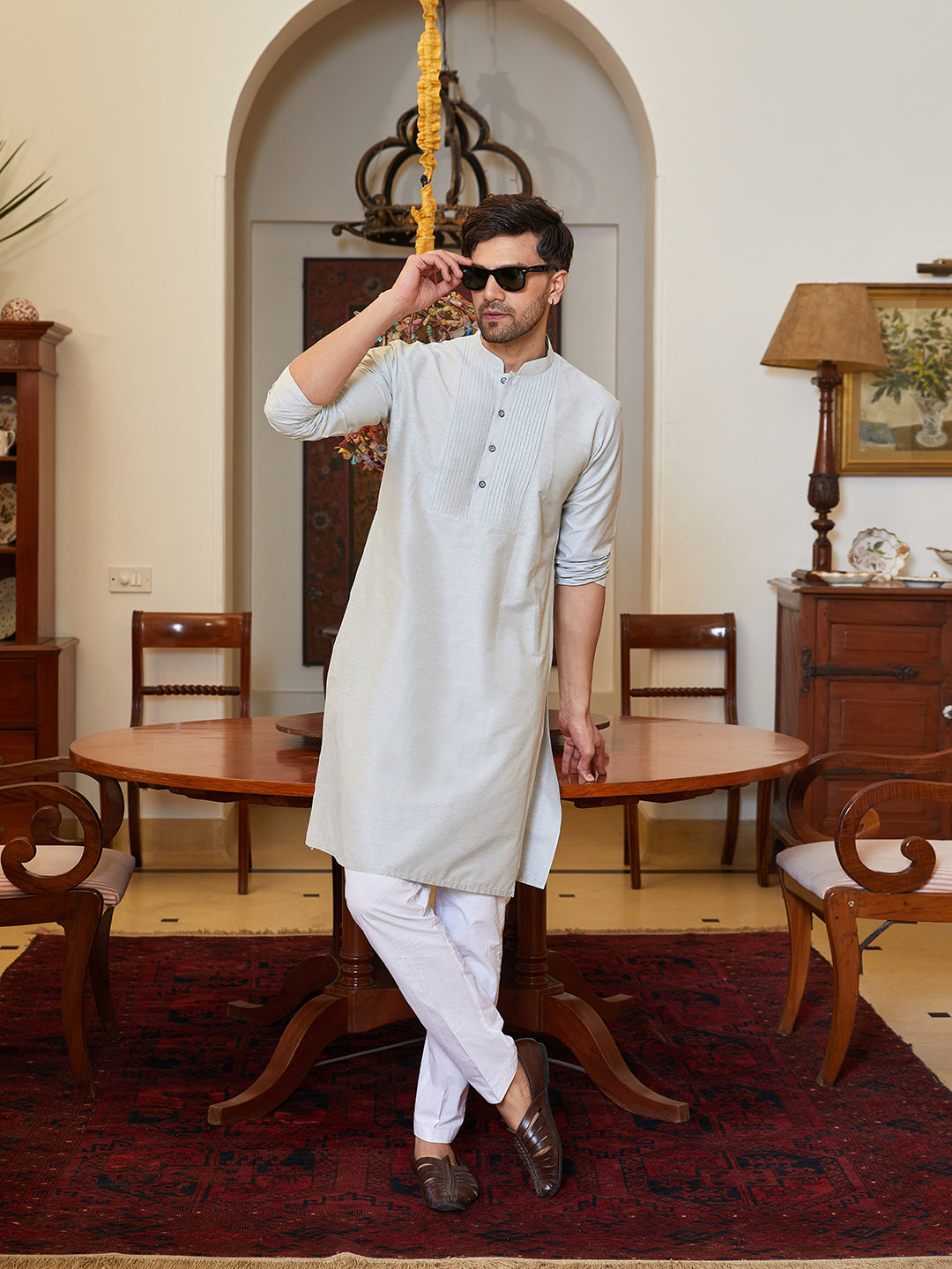 Men Grey Cotton Silk Pintex Yock Design Kurta