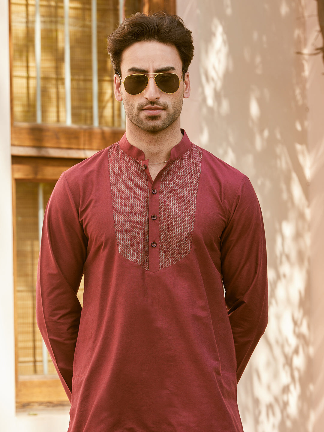 Men Maroon Cotton Silk Pintex Yock Design Kurta With Pyjama