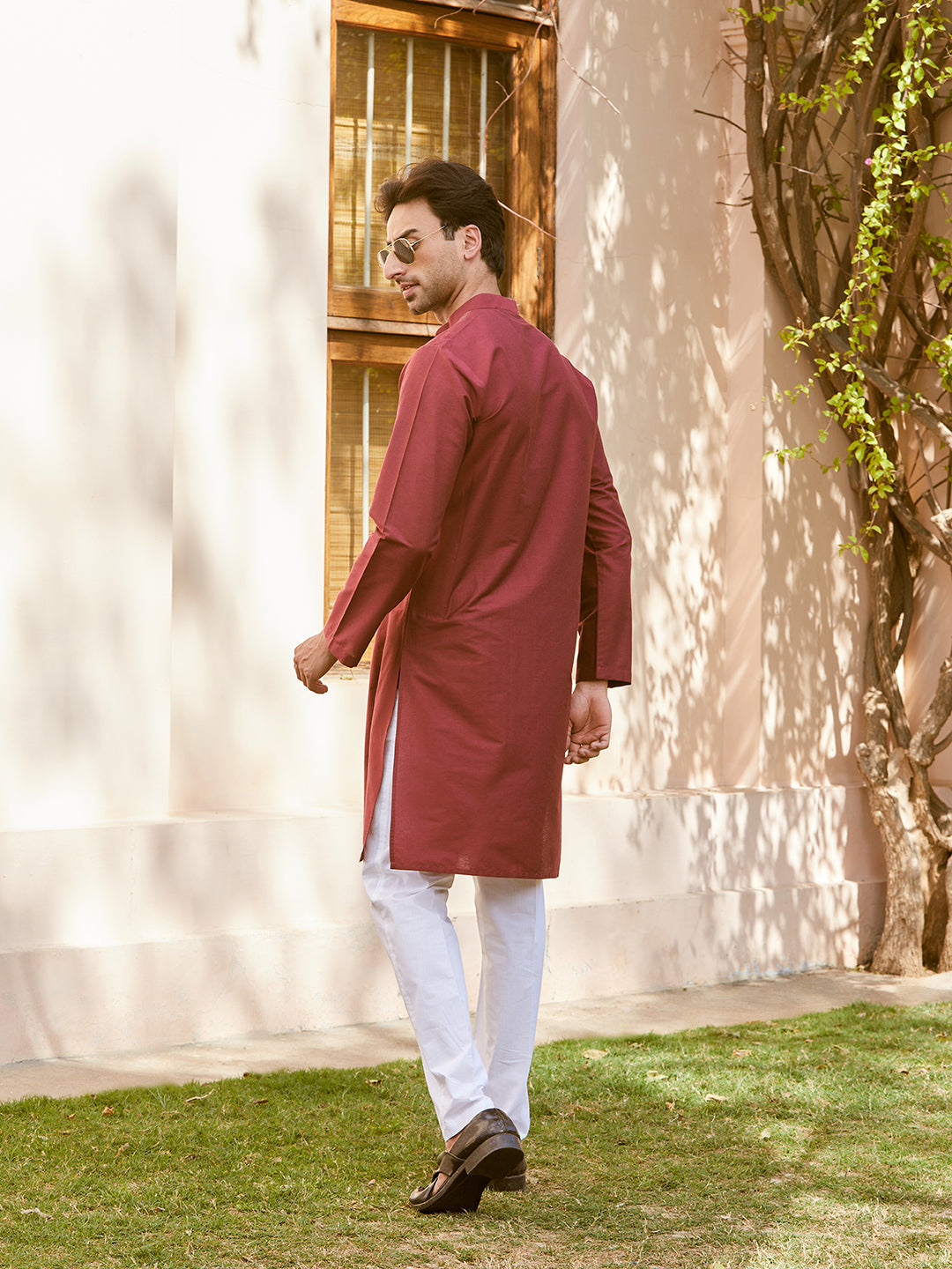 Men Maroon Cotton Silk Pintex Yock Design Kurta