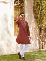 Men Maroon Cotton Silk Pintex Yock Design Kurta