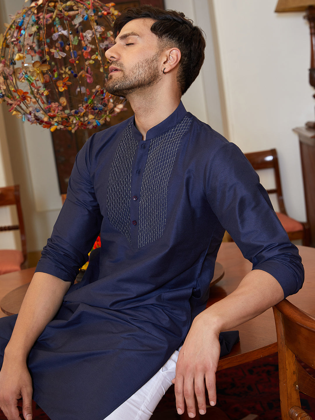 Men Navy Blue Cotton Silk Pintex Yock Design Kurta