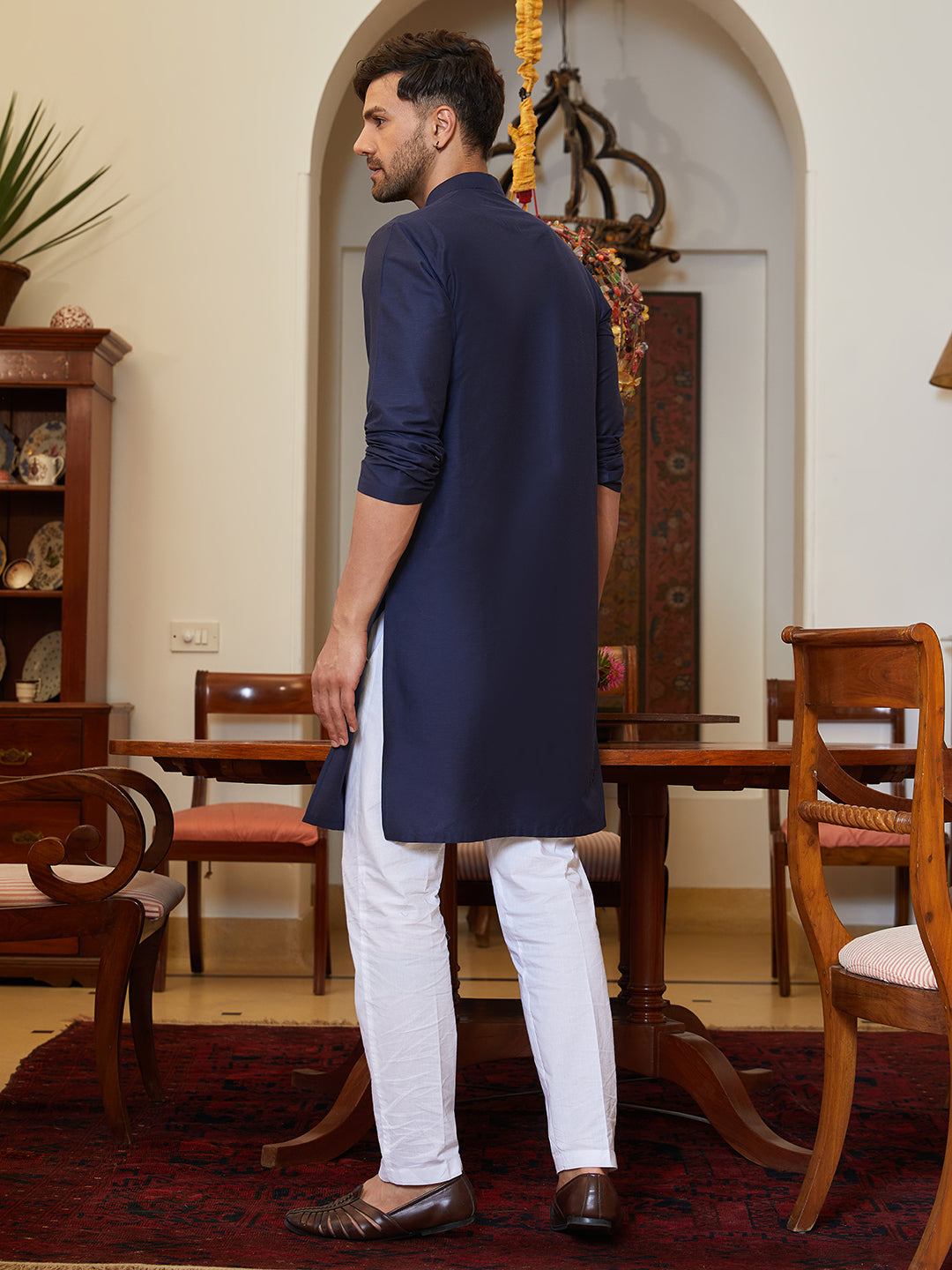 Men Navy Blue Cotton Silk Pintex Yock Design Kurta
