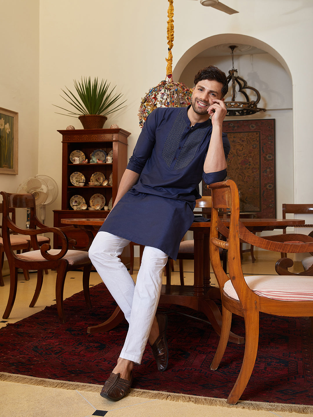 Men Navy Blue Cotton Silk Pintex Yock Design Kurta With Pyjama