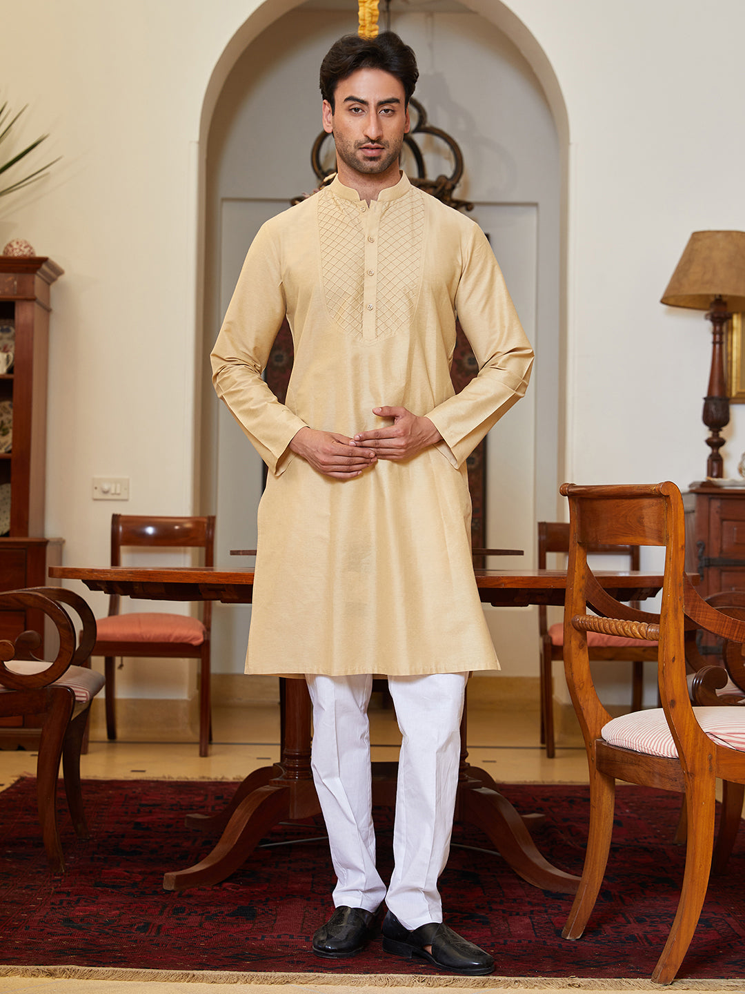 Men Brown Cotton Silk Pintex Yock Design Kurta With Pyjama