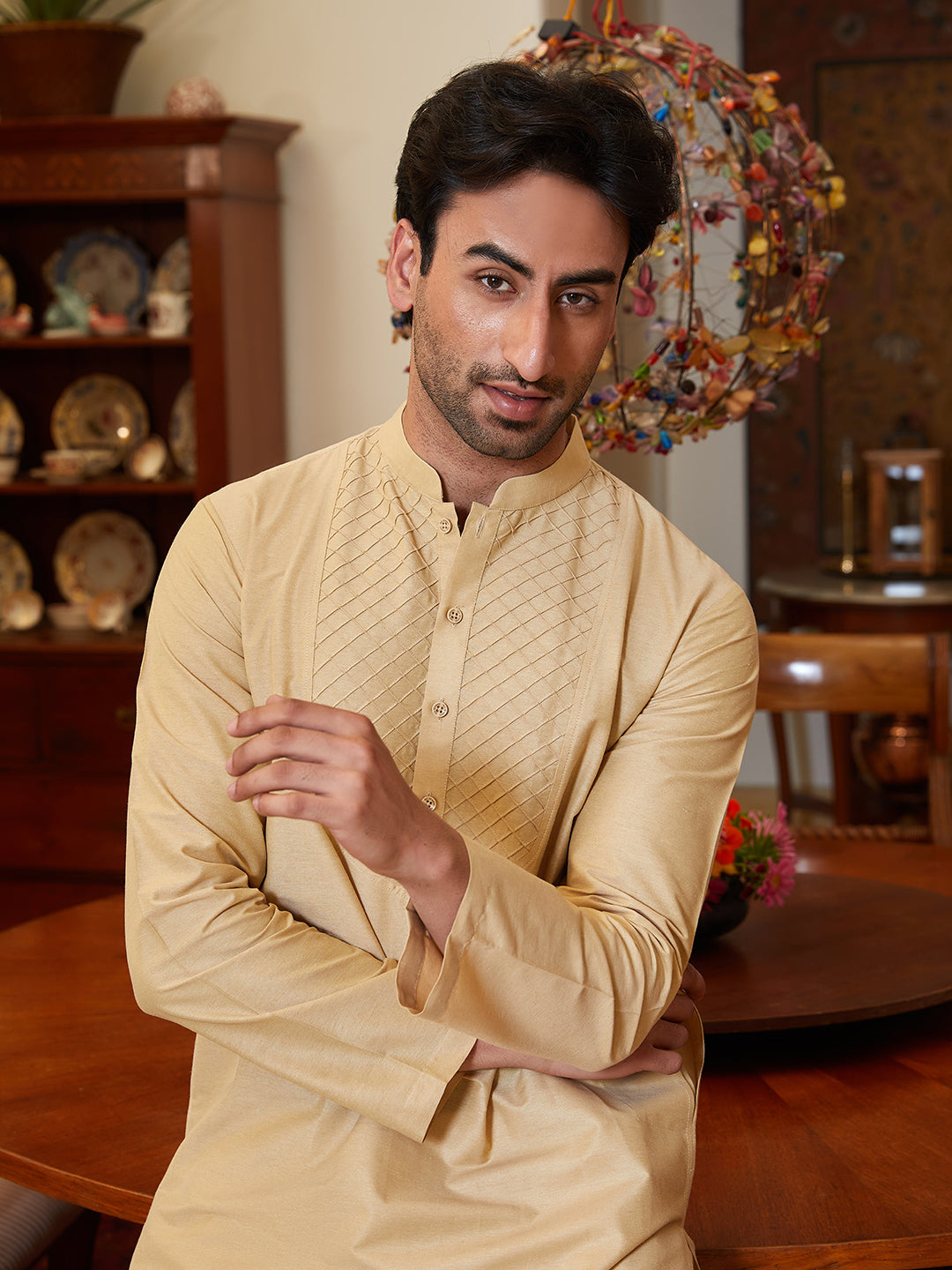 Men Brown Cotton Silk Pintex Yock Design Kurta With Pyjama
