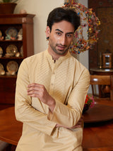 Men Brown Cotton Silk Pintex Yock Design Kurta With Pyjama