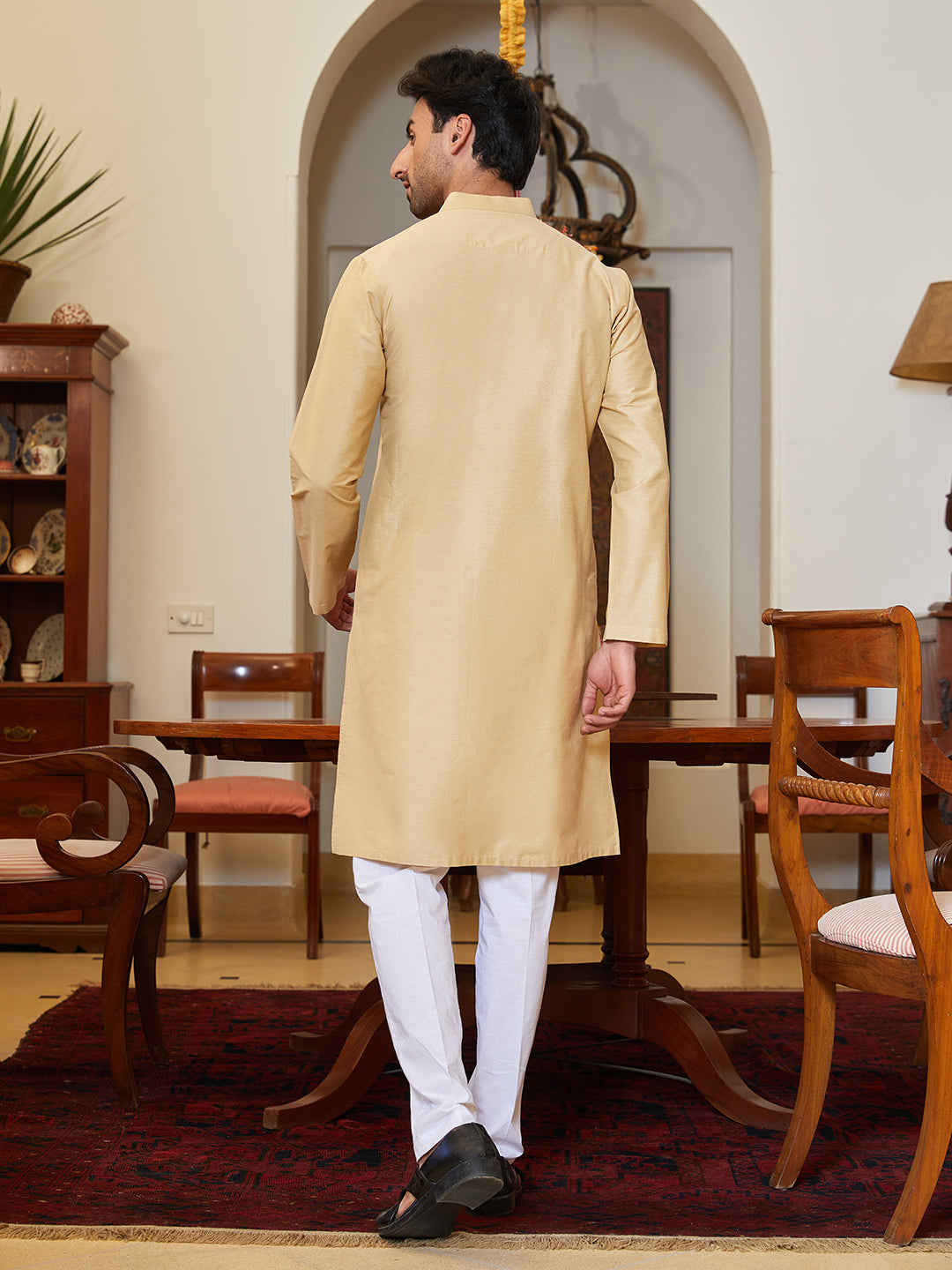 Men Brown Cotton Silk Pintex Yock Design Kurta With Pyjama