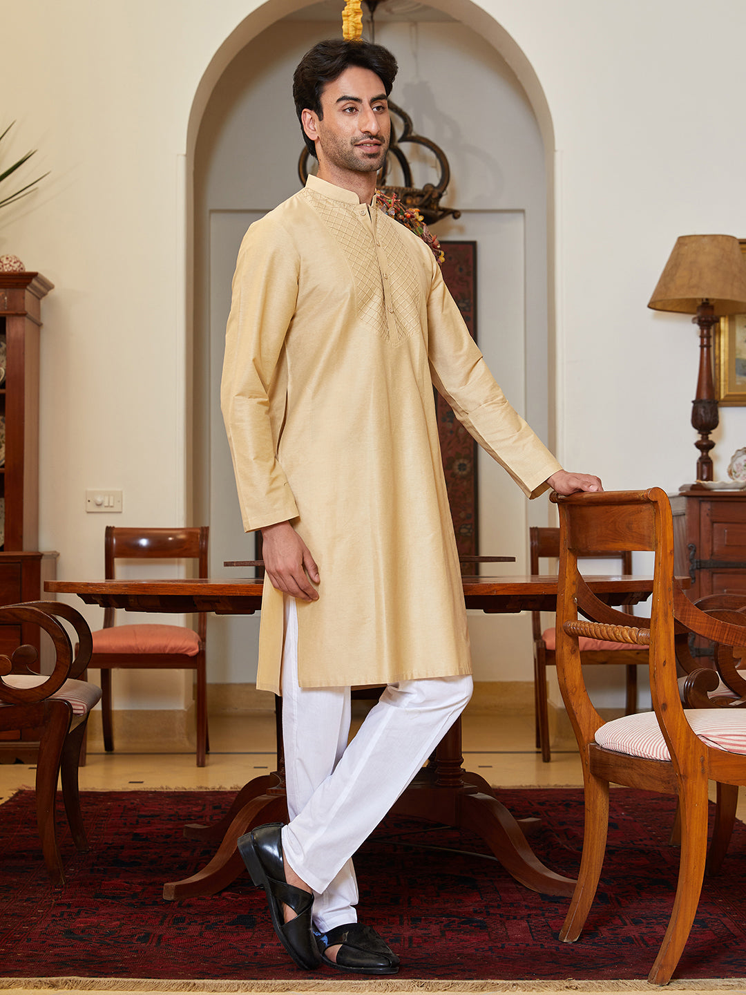 Men Brown Cotton Silk Pintex Yock Design Kurta With Pyjama