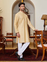 Men Brown Cotton Silk Pintex Yock Design Kurta With Pyjama