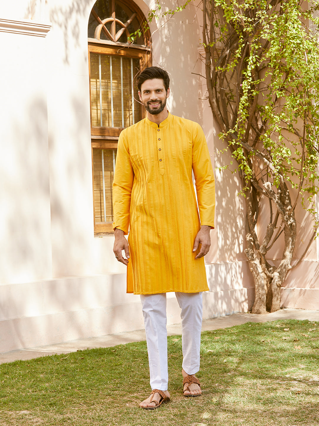 Men Mustard Cotton Silk Pintex Design Thread Work Kurta With Pyjama