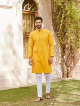 Men Mustard Cotton Silk Pintex Design Thread Work Kurta With Pyjama