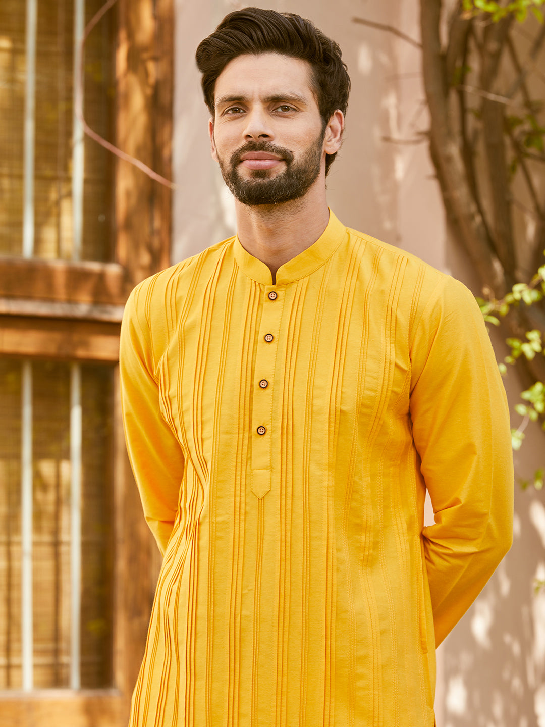 Men Mustard Cotton Silk Pintex Design Thread Work Kurta With Pyjama