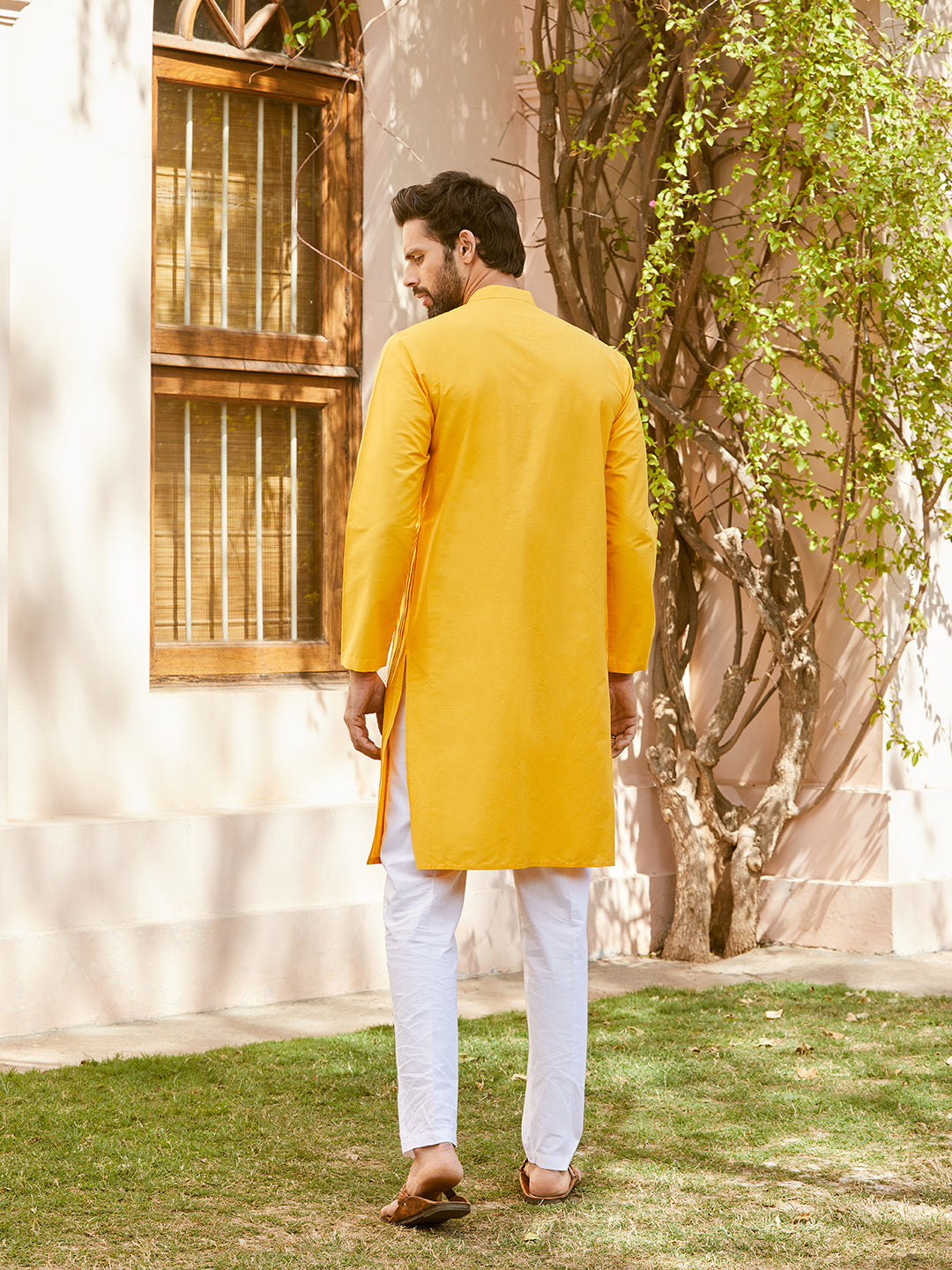 Men Mustard Cotton Silk Pintex Design Thread Work Kurta With Pyjama