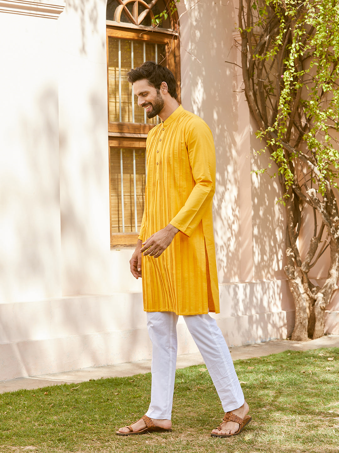 Men Mustard Cotton Silk Pintex Design Thread Work Kurta With Pyjama