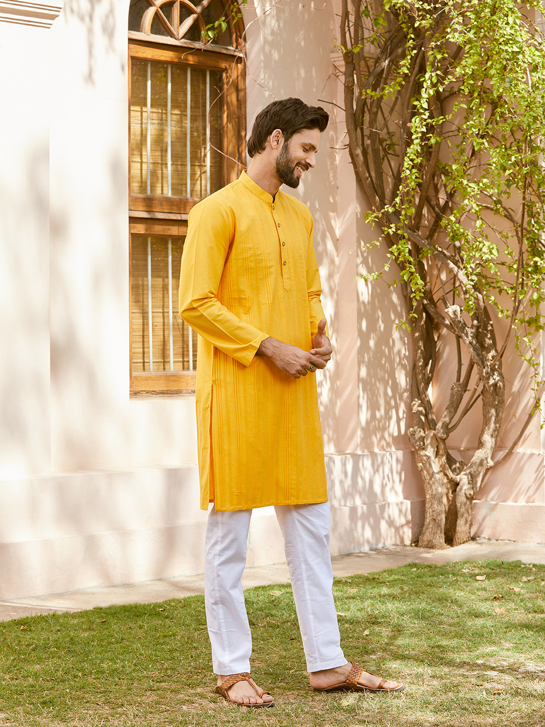 Men Mustard Cotton Silk Pintex Design Thread Work Kurta With Pyjama