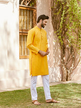 Men Mustard Cotton Silk Pintex Design Thread Work Kurta With Pyjama