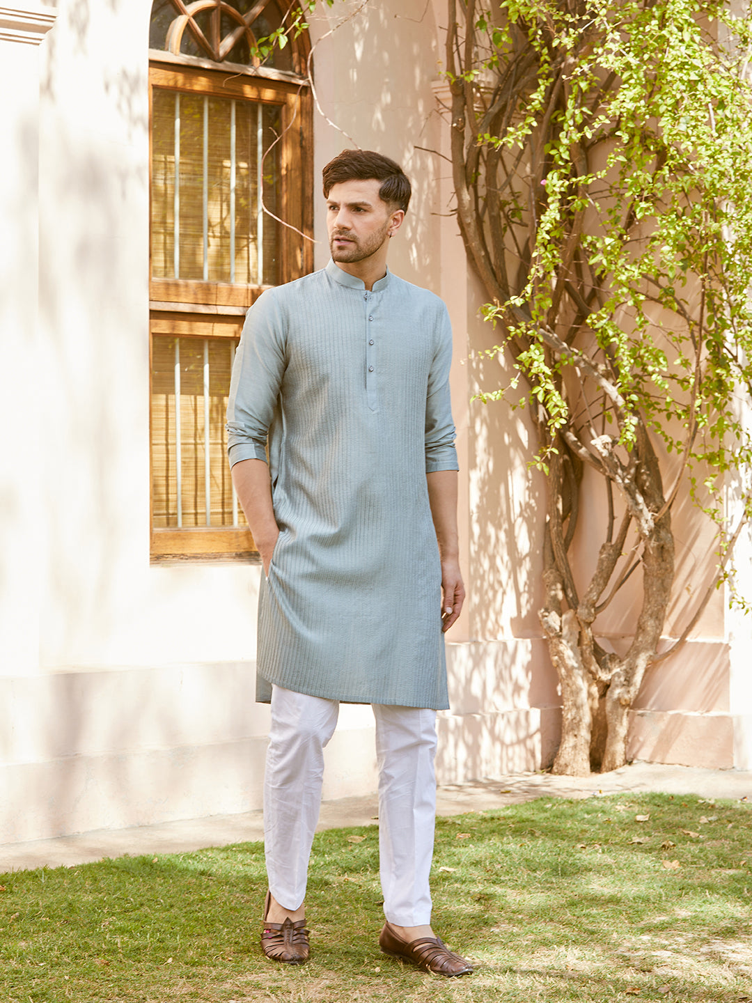 Men Teal Cotton Silk Pintex Design Thread Work Kurta With Pyjama
