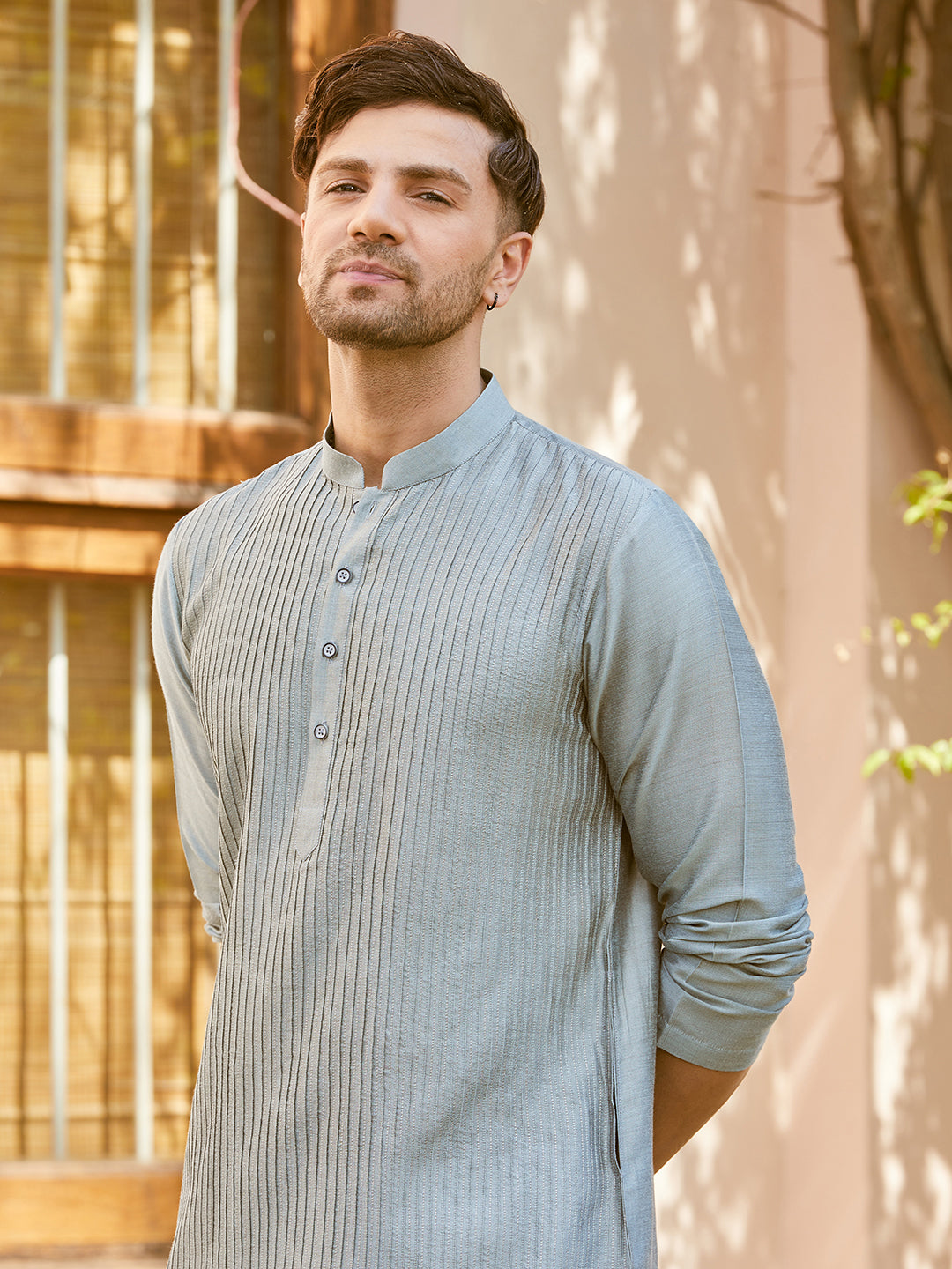 Men Teal Cotton Silk Pintex Design Thread Work Kurta With Pyjama