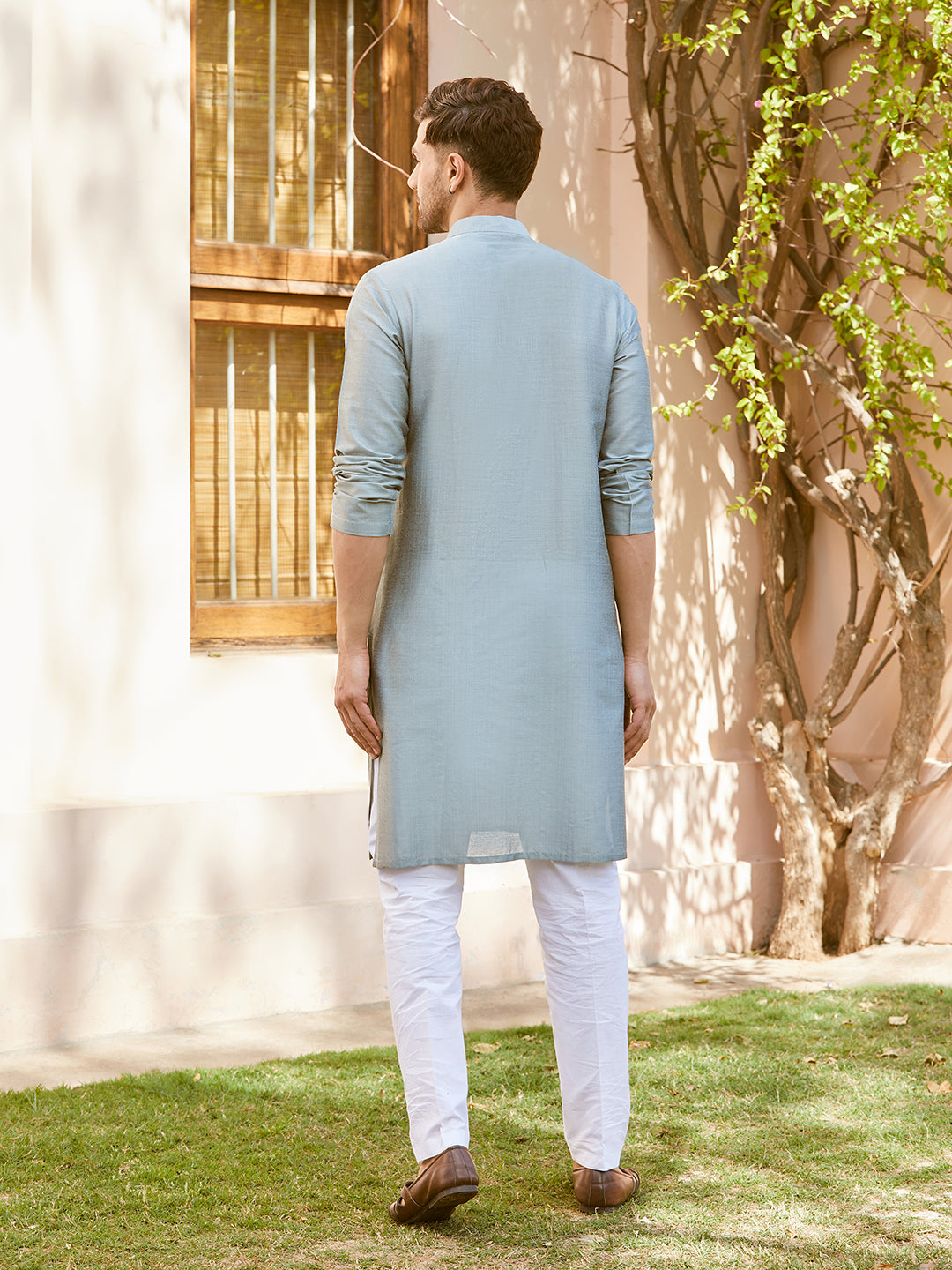 Men Teal Cotton Silk Pintex Design Thread Work Kurta With Pyjama