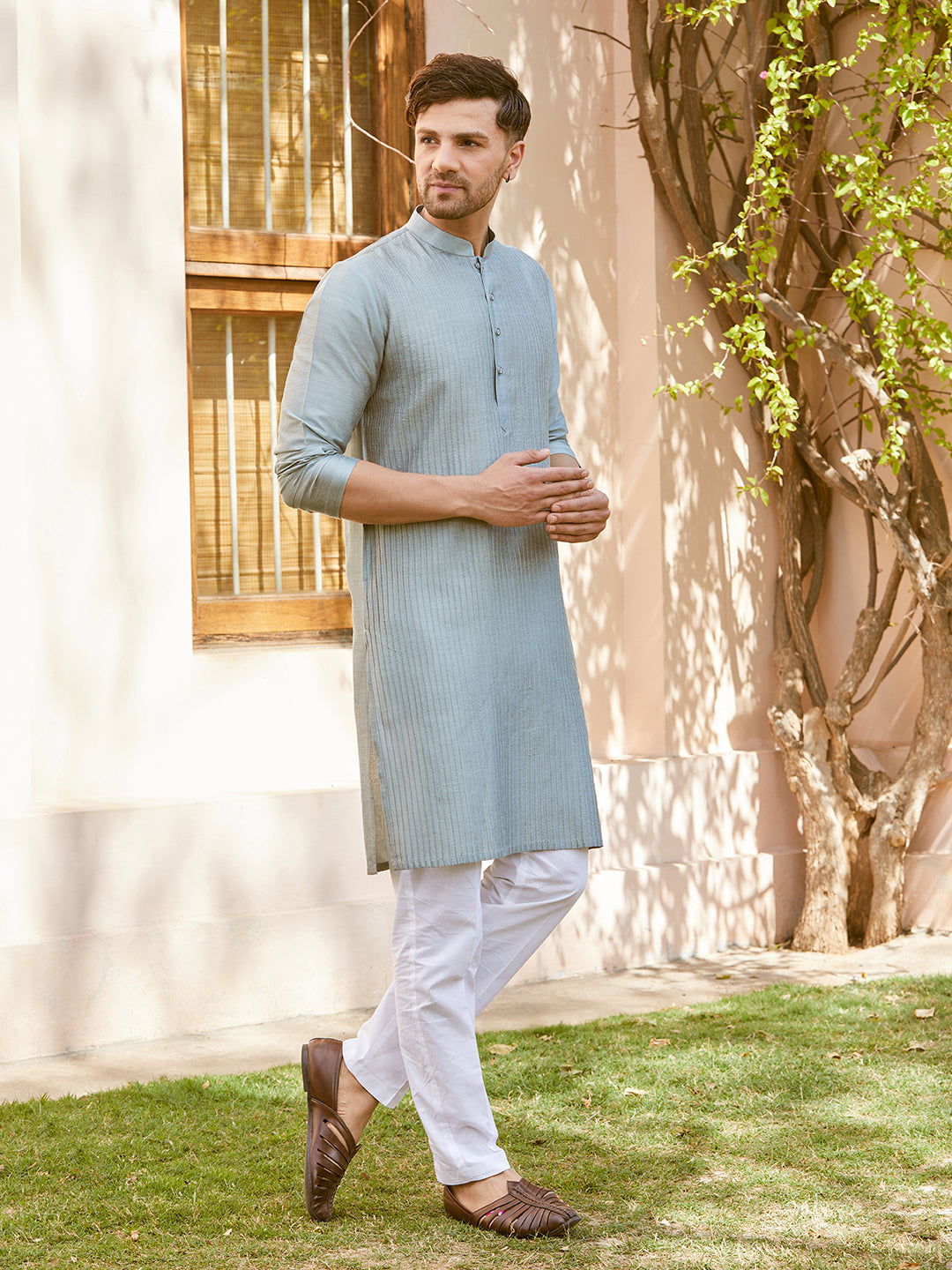 Men Teal Cotton Silk Pintex Design Thread Work Kurta With Pyjama