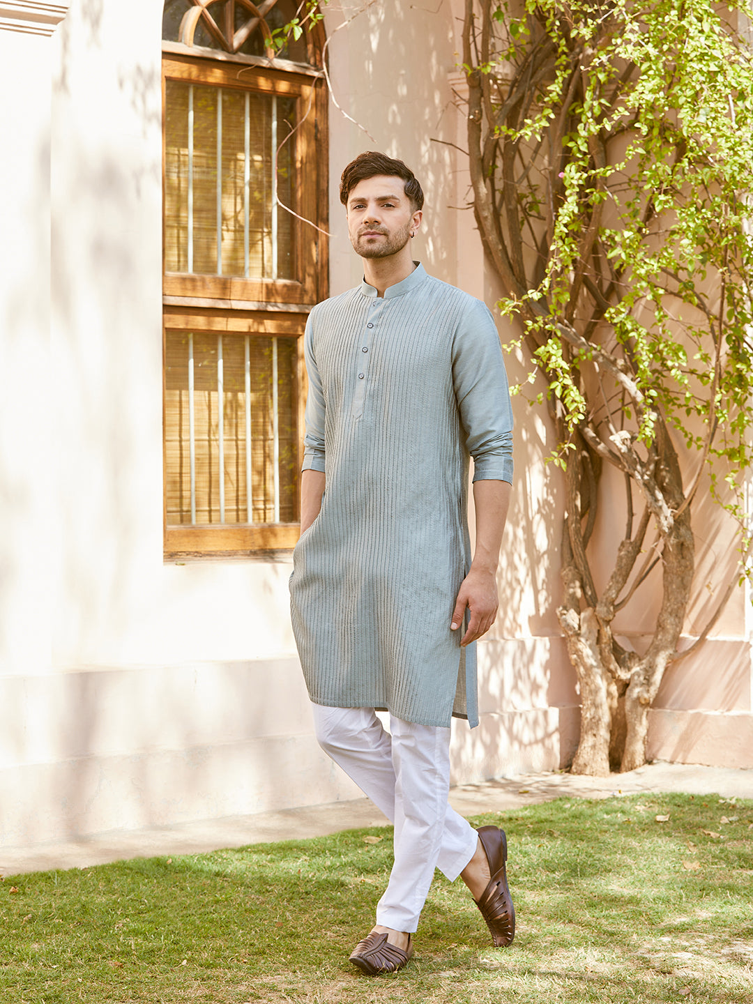 Men Teal Cotton Silk Pintex Design Thread Work Kurta With Pyjama