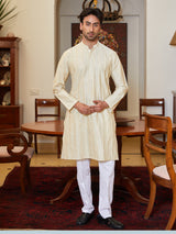 Men Beige Cotton Silk Pintex Design Thread Work Kurta With Pyjama