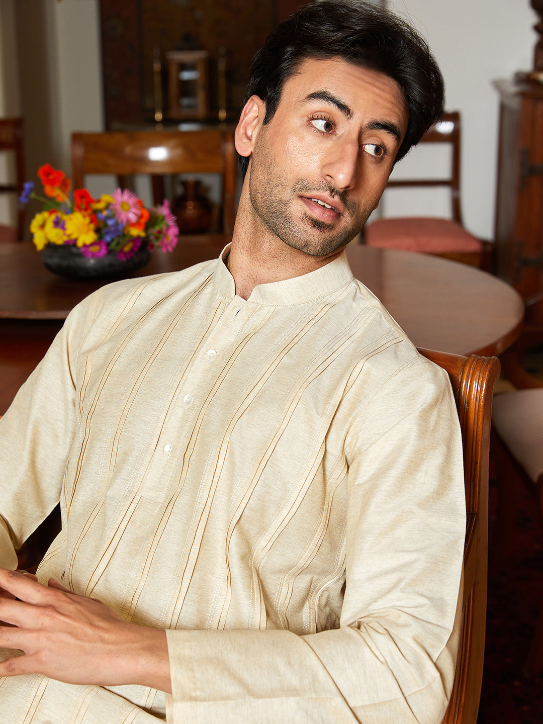 Men Beige Cotton Silk Pintex Design Thread Work Kurta With Pyjama